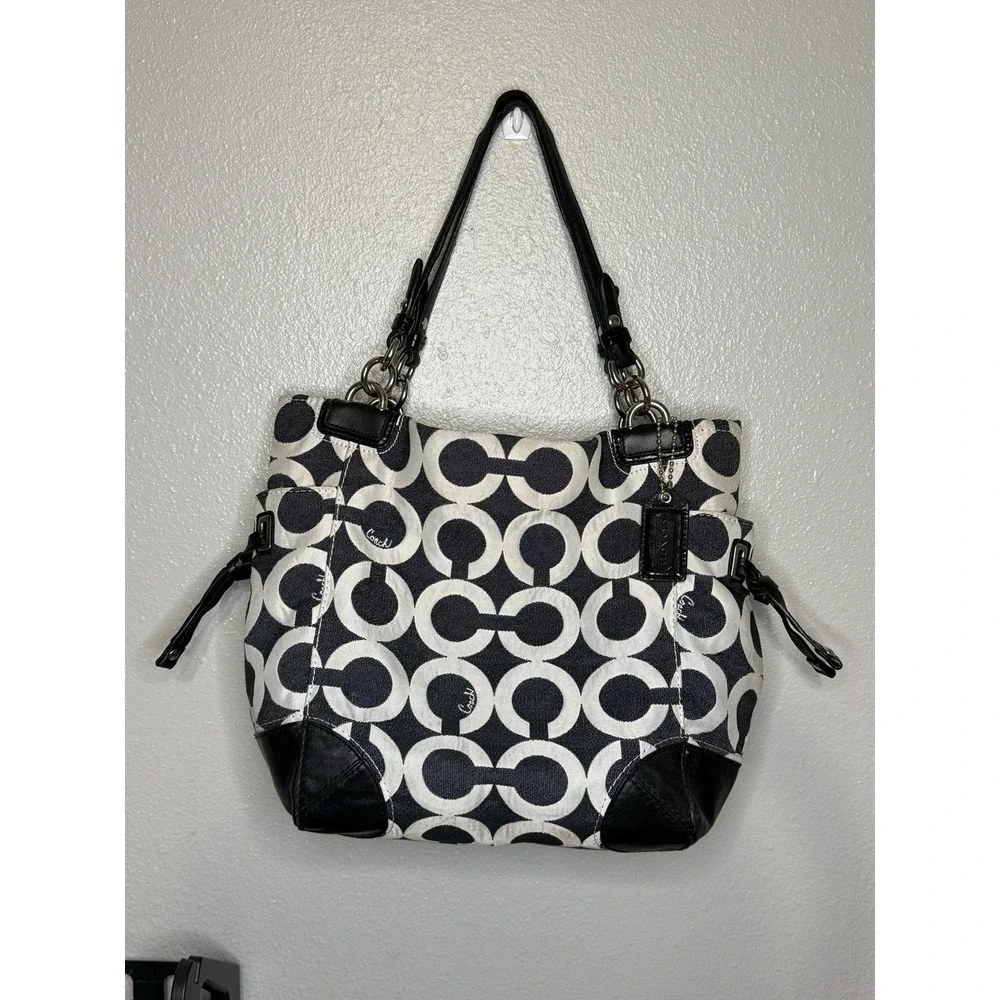 Coach Signature Op Art Draw String Sides Hobo Handbag Black‎ White 14573